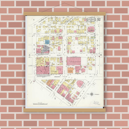 Old map wall art mockup — magnetic wood frame on brick wall — Sanborn Fire Insurance Map from East Liverpool, Columbiana County, Ohio (1913), Sheet #0012