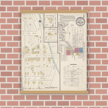 Old map wall art mockup — magnetic wood frame on brick wall — Sanborn Fire Insurance Map from Proctor, Saint Louis County, Minnesota (1922) - Complete Map Set