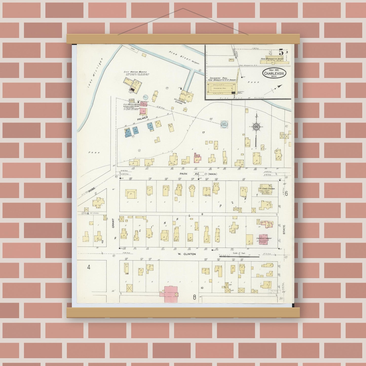 Old map wall art mockup — magnetic wood frame on brick wall — Sanborn Fire Insurance Map from Charlevoix, Charlevoix County, Michigan (1912), Sheet #0005