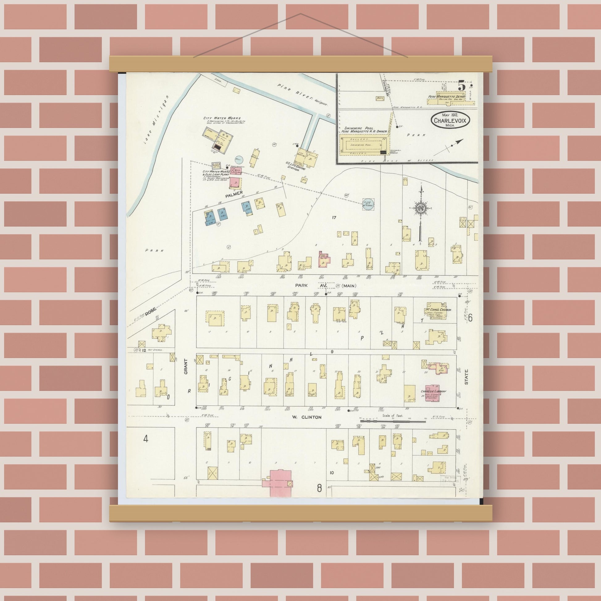 Old map wall art mockup — magnetic wood frame on brick wall — Sanborn Fire Insurance Map from Charlevoix, Charlevoix County, Michigan (1912), Sheet #0005