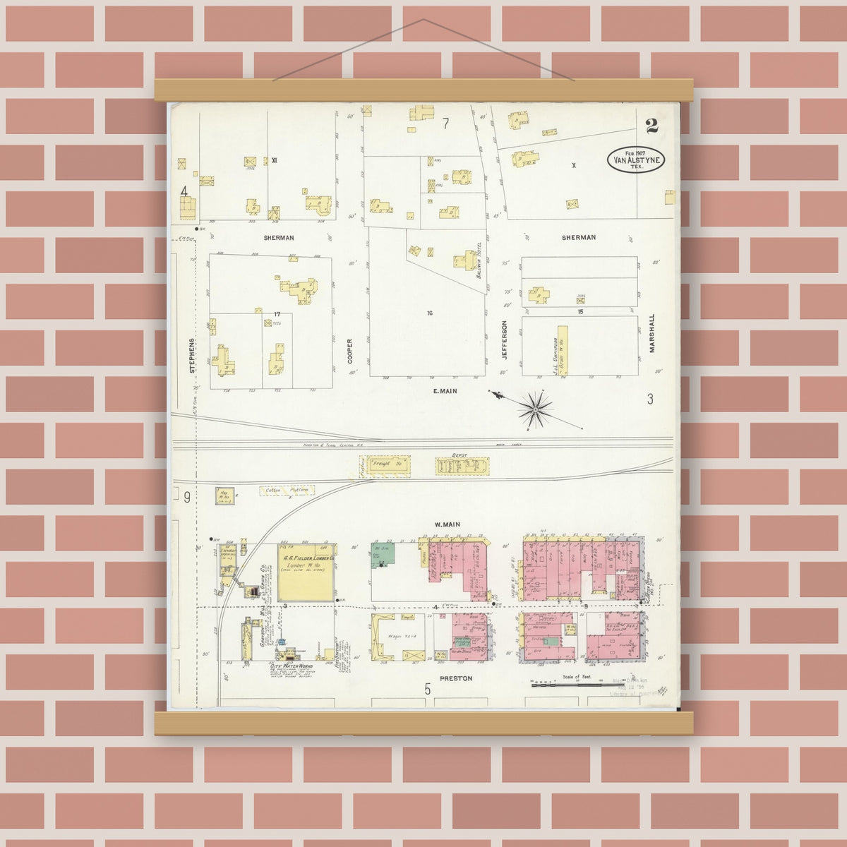 Old map wall art mockup — magnetic wood frame on brick wall — Sanborn Fire Insurance Map from Van Alstyne, Grayson County, Texas (1907), Sheet #0002