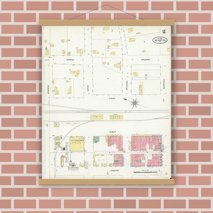 Old map wall art mockup — magnetic wood frame on brick wall — Sanborn Fire Insurance Map from Van Alstyne, Grayson County, Texas (1907), Sheet #0002