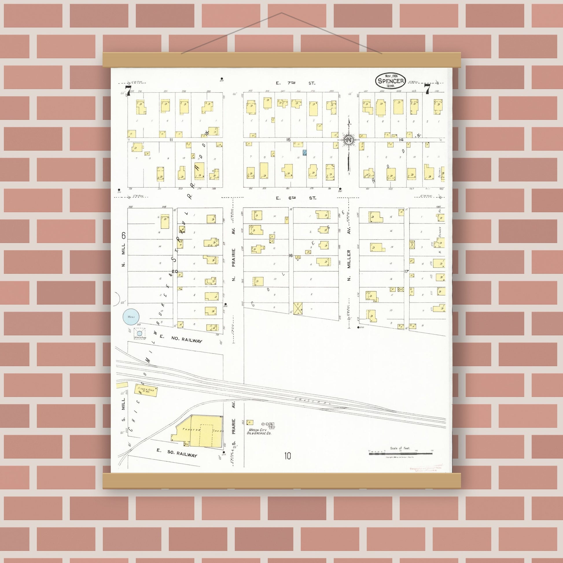 Old map wall art mockup — magnetic wood frame on brick wall — Sanborn Fire Insurance Map from Spencer, Clay County, Iowa (1924), Sheet #0007