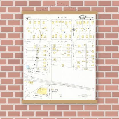 Old map wall art mockup — magnetic wood frame on brick wall — Sanborn Fire Insurance Map from Spencer, Clay County, Iowa (1924), Sheet #0007