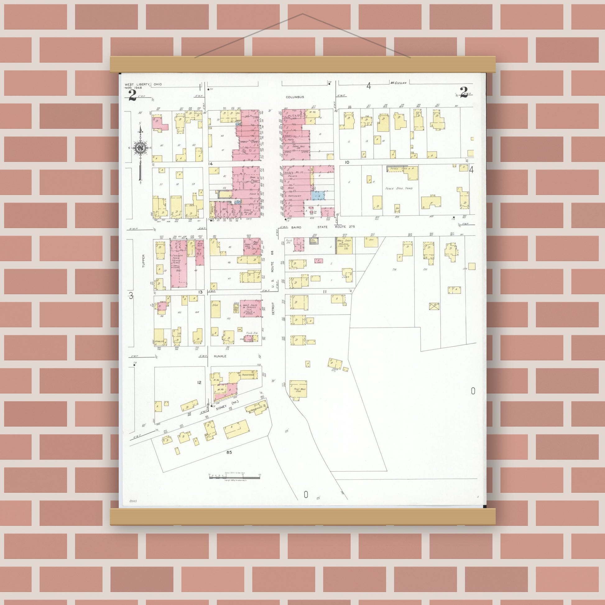 Old map wall art mockup — magnetic wood frame on brick wall — Sanborn Fire Insurance Map from West Liberty, Logan County, Ohio (1948), Sheet #0002