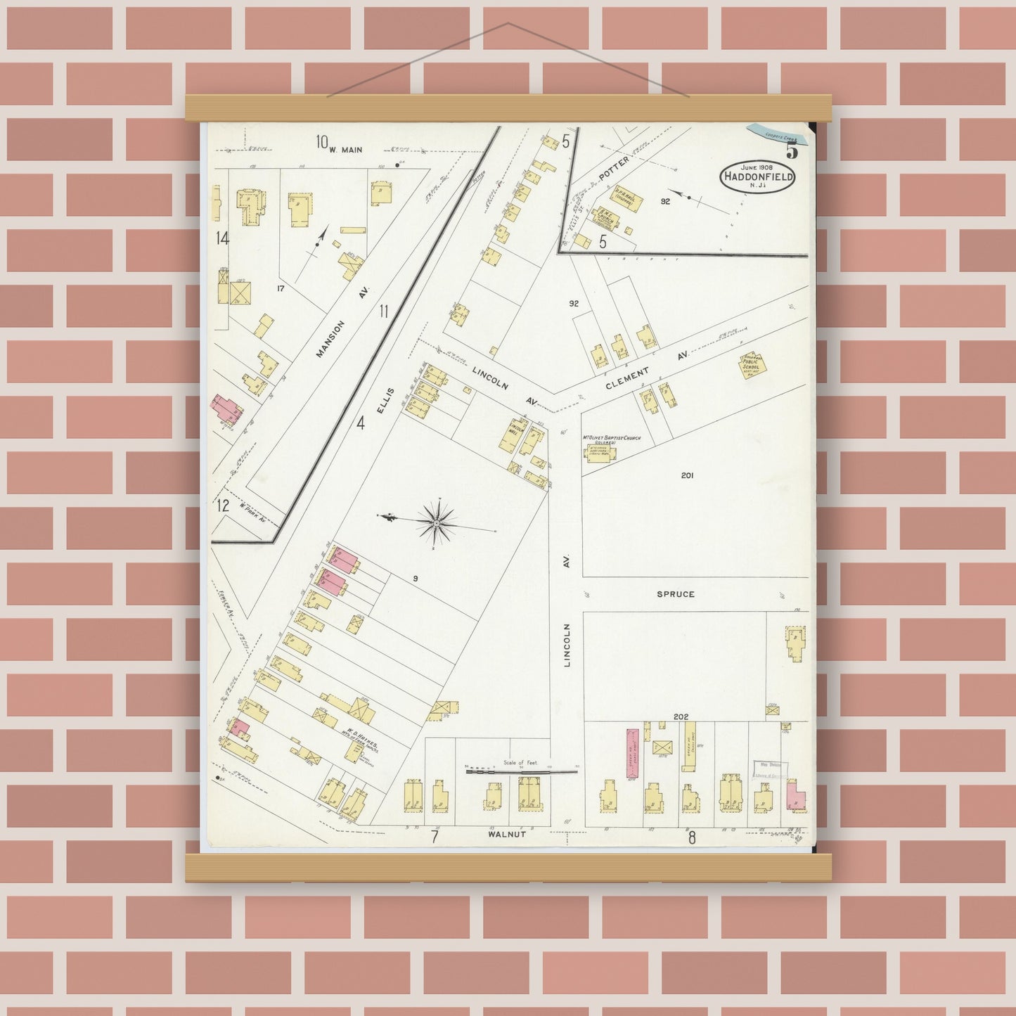 Old map wall art mockup — magnetic wood frame on brick wall — Sanborn Fire Insurance Map from Haddonfield, Camden County, New Jersey (1908), Sheet #0005