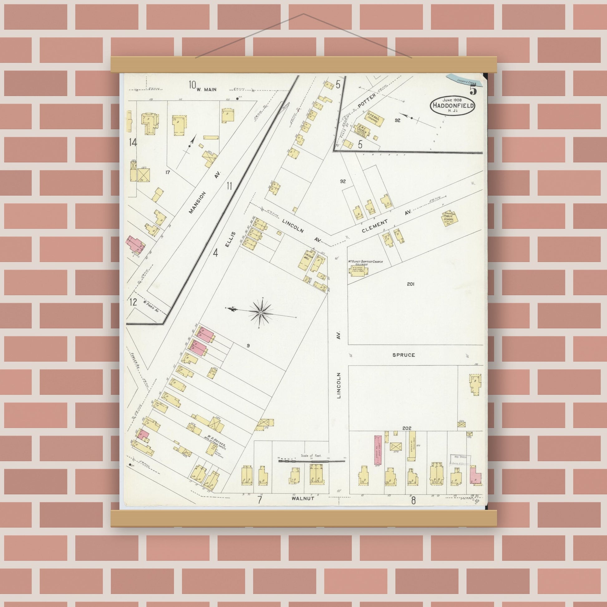 Old map wall art mockup — magnetic wood frame on brick wall — Sanborn Fire Insurance Map from Haddonfield, Camden County, New Jersey (1908), Sheet #0005