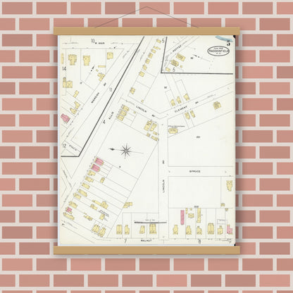 Old map wall art mockup — magnetic wood frame on brick wall — Sanborn Fire Insurance Map from Haddonfield, Camden County, New Jersey (1908), Sheet #0005