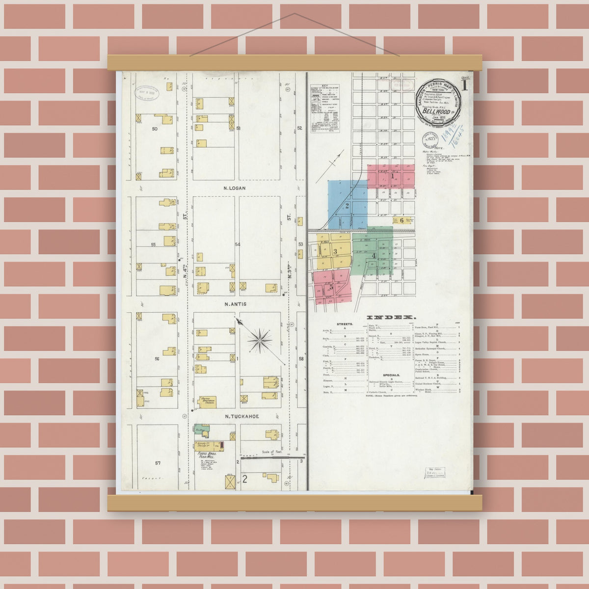 Old map wall art mockup — magnetic wood frame on brick wall — Sanborn Fire Insurance Map from Bellwood, Blair County, Pennsylvania (1899) - Complete Map Set