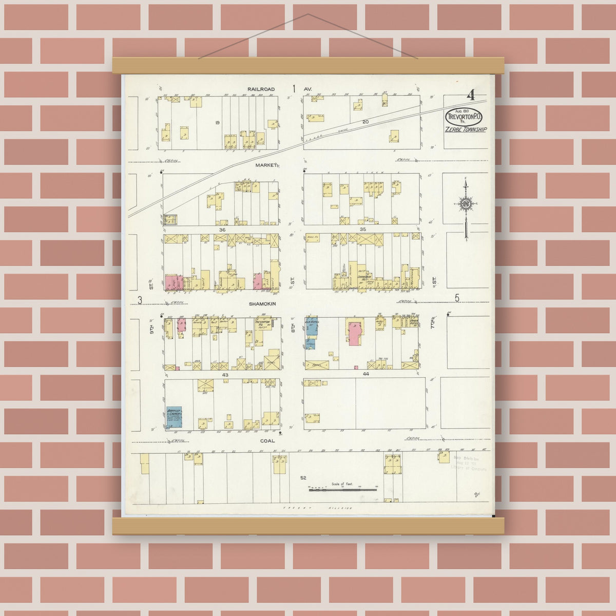 Old map wall art mockup — magnetic wood frame on brick wall — Sanborn Fire Insurance Map from Trevorton Post Office, Northumberland County, Pennsylvania (1913), Sheet #0004