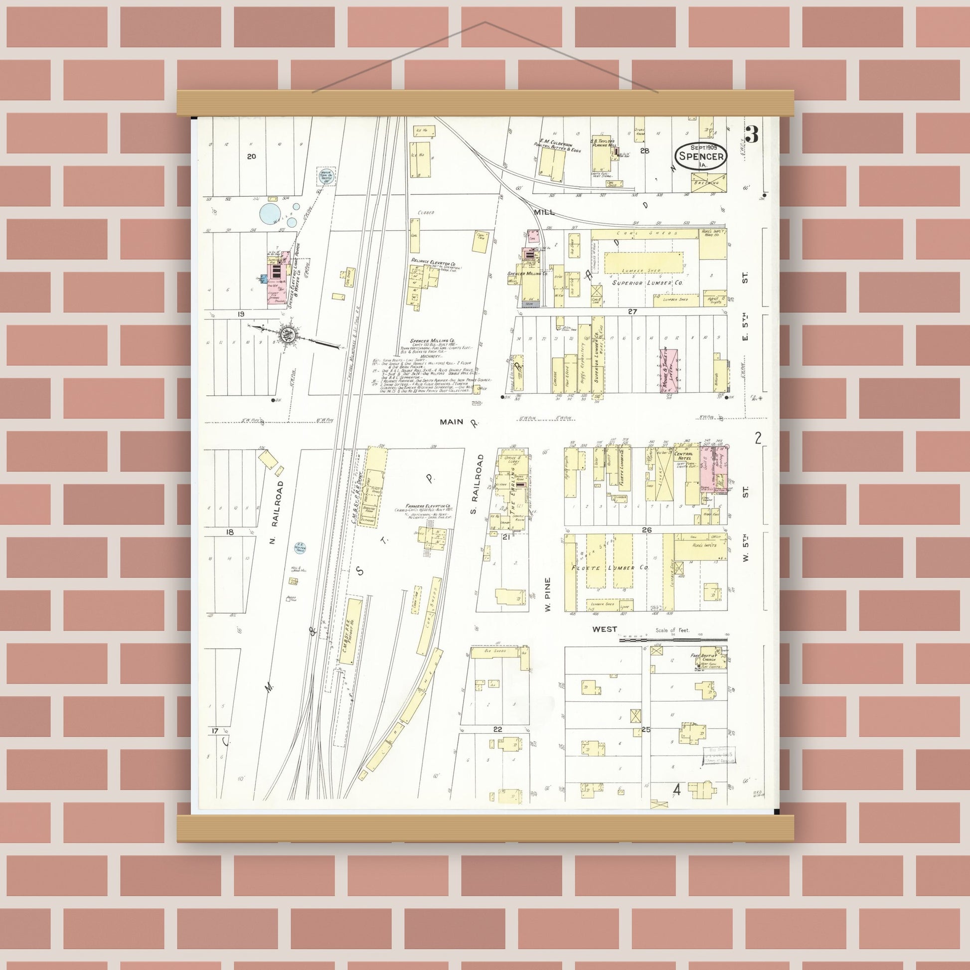 Old map wall art mockup — magnetic wood frame on brick wall — Sanborn Fire Insurance Map from Spencer, Clay County, Iowa (1909), Sheet #0003