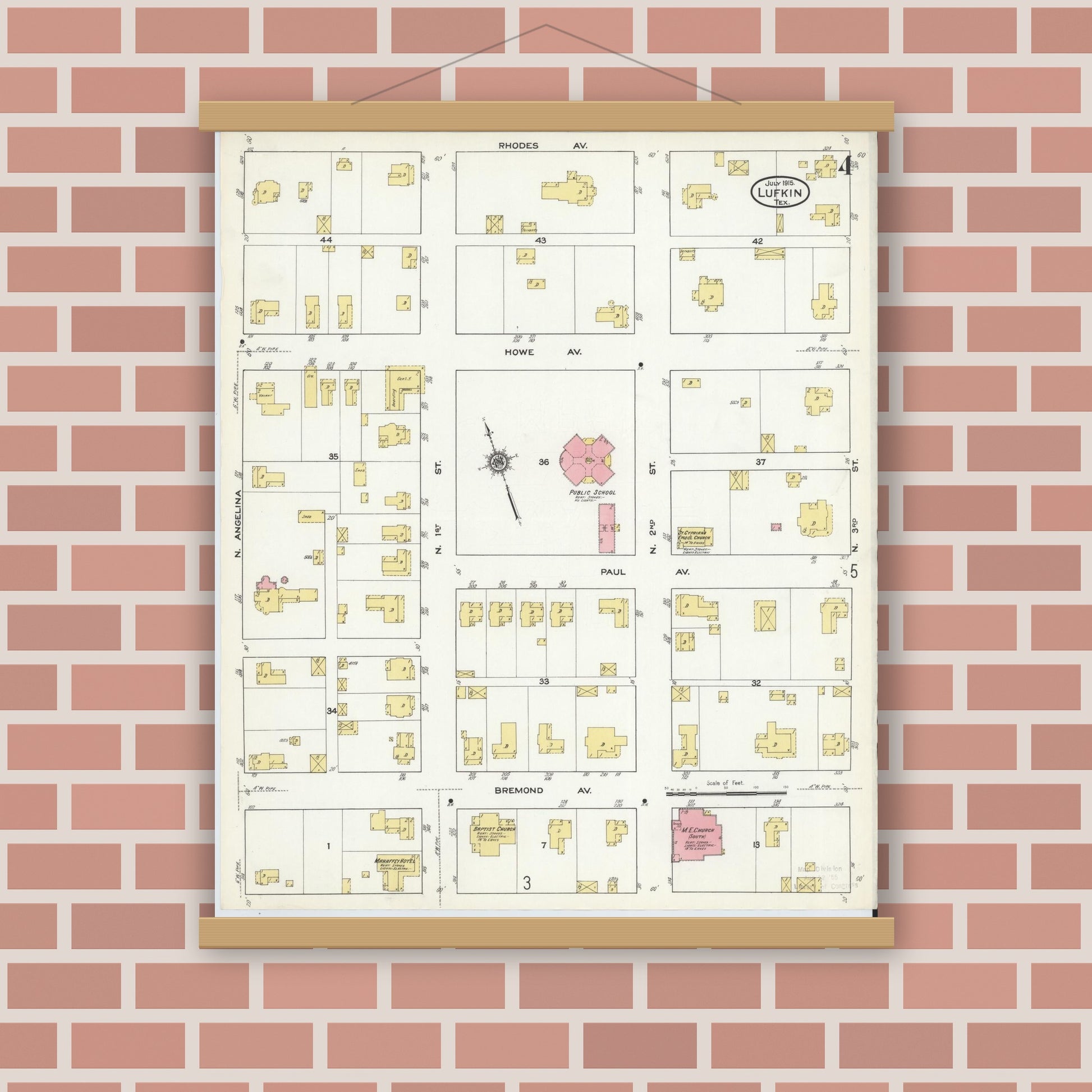 Old map wall art mockup — magnetic wood frame on brick wall — Sanborn Fire Insurance Map from Lufkin, Angelina County, Texas (1915), Sheet #0004
