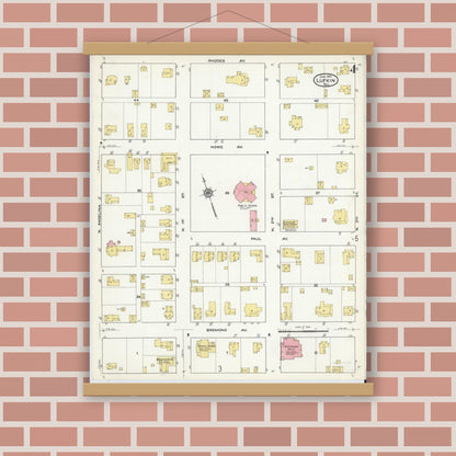 Old map wall art mockup — magnetic wood frame on brick wall — Sanborn Fire Insurance Map from Lufkin, Angelina County, Texas (1915), Sheet #0004
