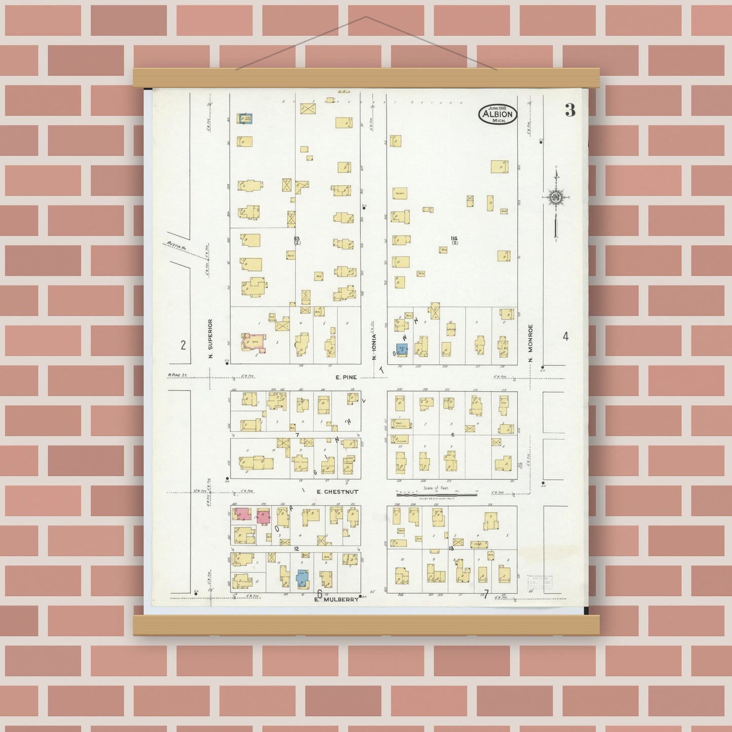 Old map wall art mockup — magnetic wood frame on brick wall — Sanborn Fire Insurance Map from Albion, Calhoun County, Michigan (1918), Sheet #0003