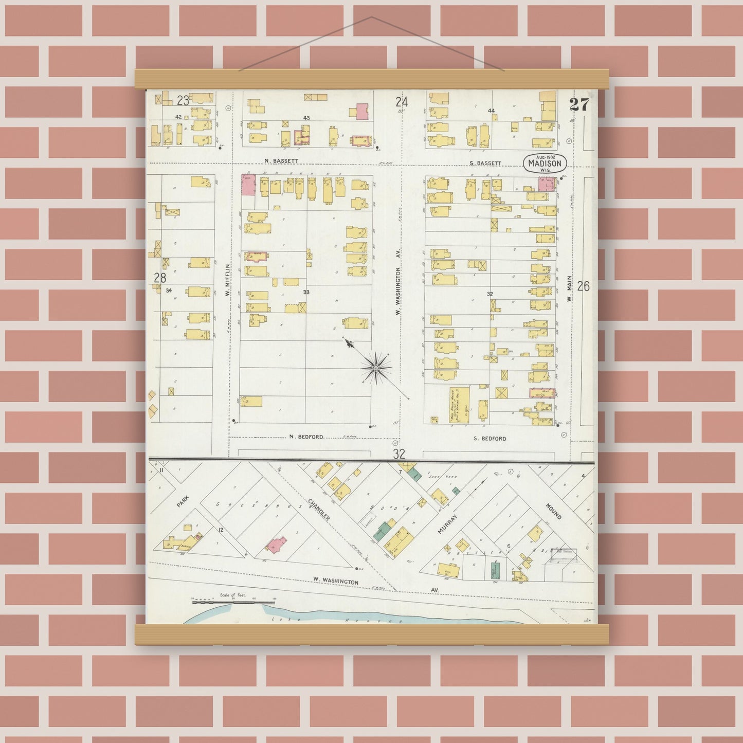Old map wall art mockup — magnetic wood frame on brick wall — Sanborn Fire Insurance Map from Madison, Dane County, Wisconsin (1902), Sheet #0027