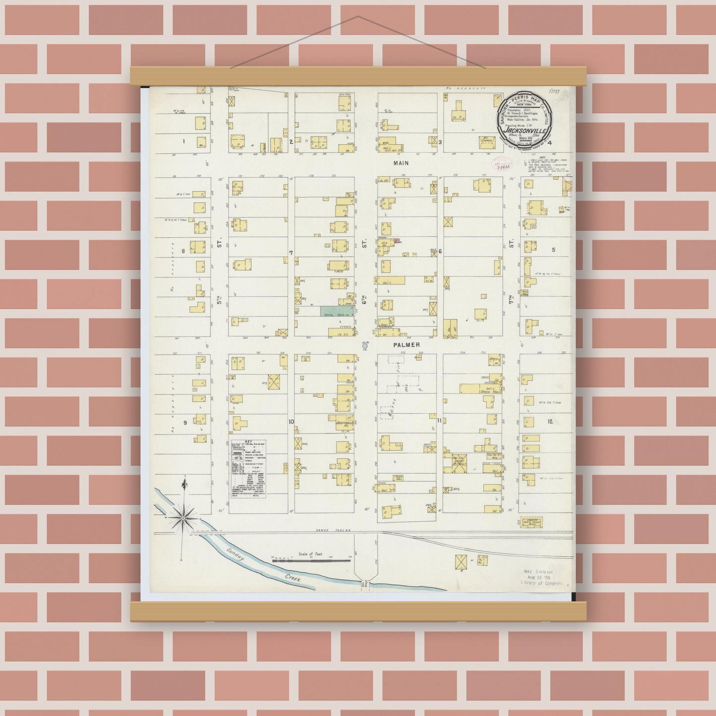 Old map wall art mockup — magnetic wood frame on brick wall — Sanborn Fire Insurance Map from Jacksonville, Athens County, Ohio (1896), Sheet #0001