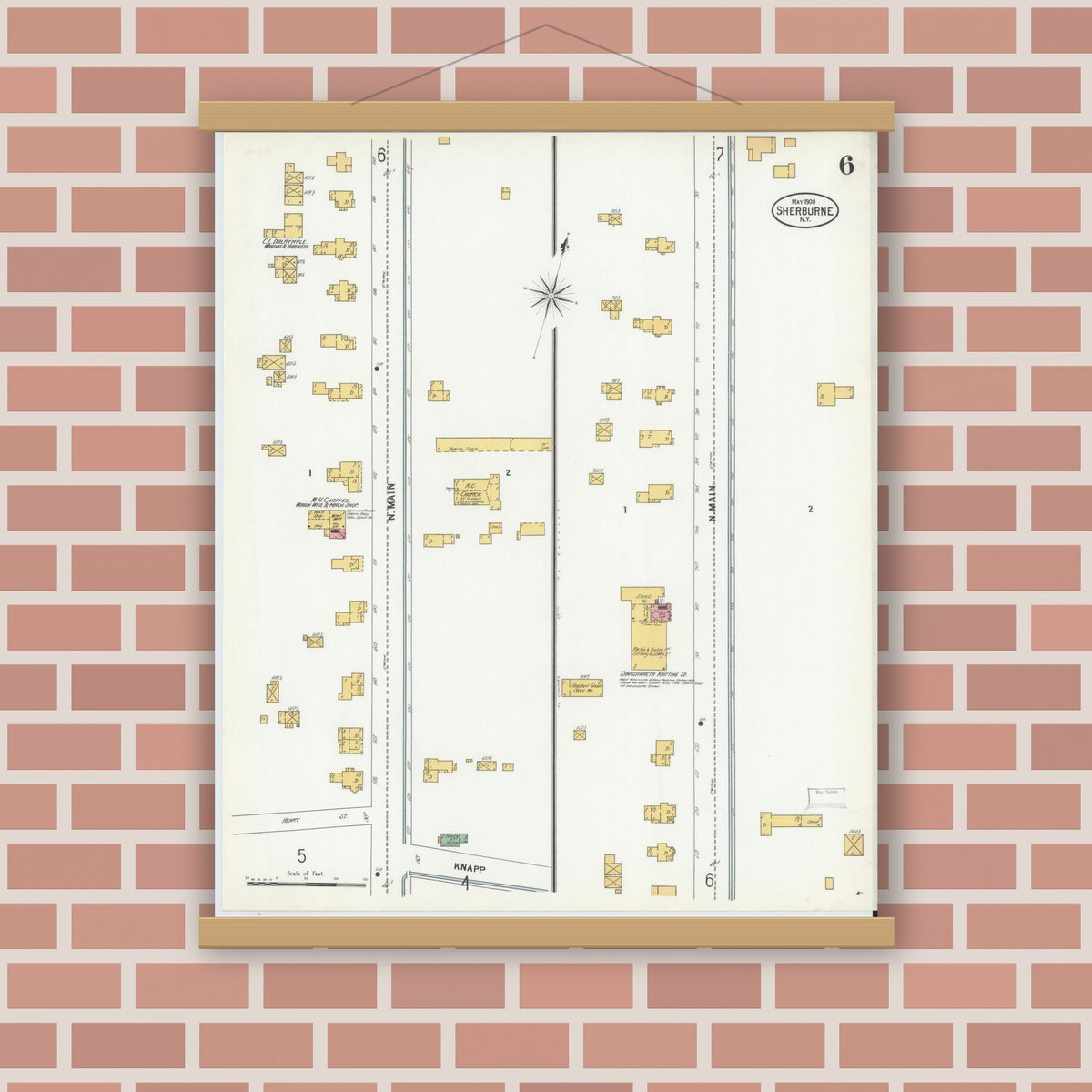 Old map wall art mockup — magnetic wood frame on brick wall — Sanborn Fire Insurance Map from Sherburne, Chenango County, New York (1900), Sheet #0006