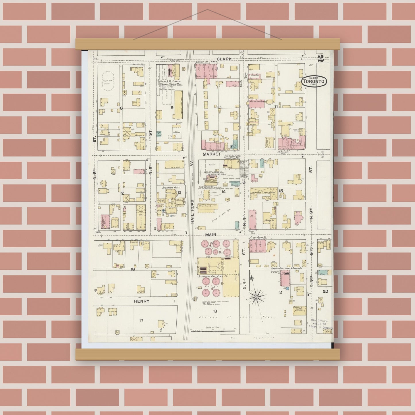 Old map wall art mockup — magnetic wood frame on brick wall — Sanborn Fire Insurance Map from Toronto, Jefferson County, Ohio (1892), Sheet #0002