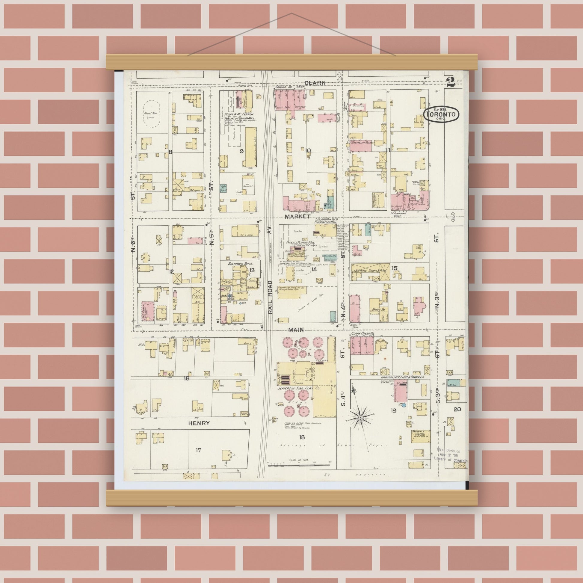 Old map wall art mockup — magnetic wood frame on brick wall — Sanborn Fire Insurance Map from Toronto, Jefferson County, Ohio (1892), Sheet #0002