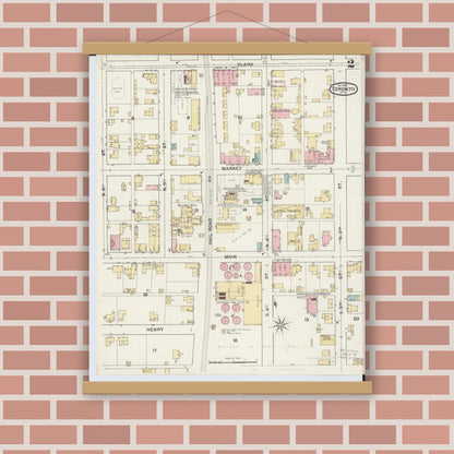 Old map wall art mockup — magnetic wood frame on brick wall — Sanborn Fire Insurance Map from Toronto, Jefferson County, Ohio (1892), Sheet #0002