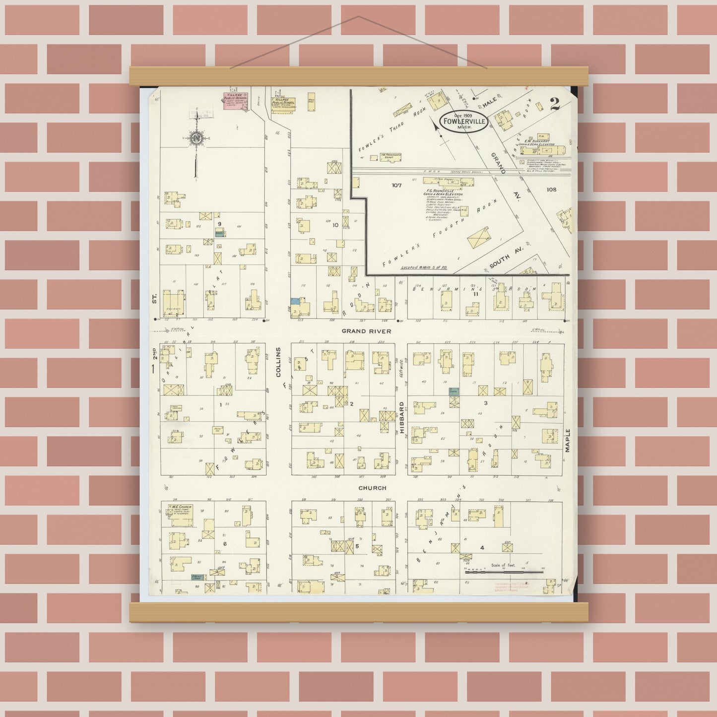 Old map wall art mockup — magnetic wood frame on brick wall — Sanborn Fire Insurance Map from Fowlerville, Livingston County, Michigan (1909), Sheet #0002