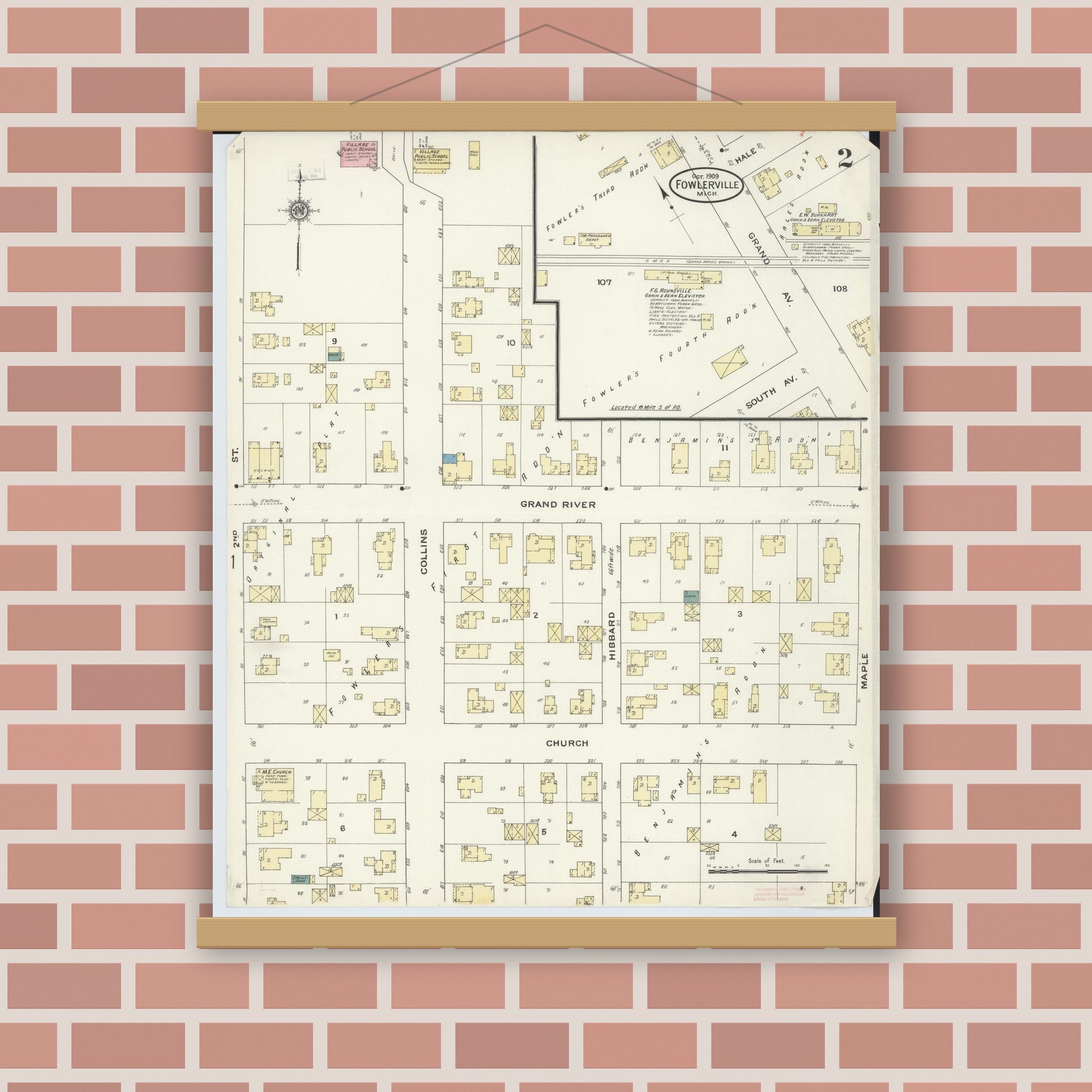 Old map wall art mockup — magnetic wood frame on brick wall — Sanborn Fire Insurance Map from Fowlerville, Livingston County, Michigan (1909), Sheet #0002
