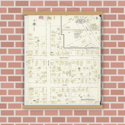 Old map wall art mockup — magnetic wood frame on brick wall — Sanborn Fire Insurance Map from Fowlerville, Livingston County, Michigan (1909), Sheet #0002