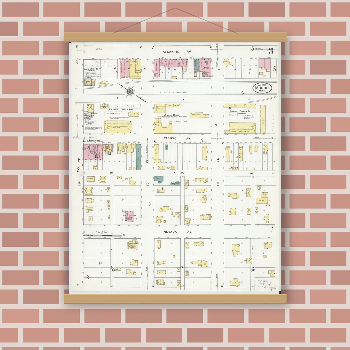 Old map wall art mockup — magnetic wood frame on brick wall — Sanborn Fire Insurance Map from Morris, Stevens County, Minnesota (1909), Sheet #0003