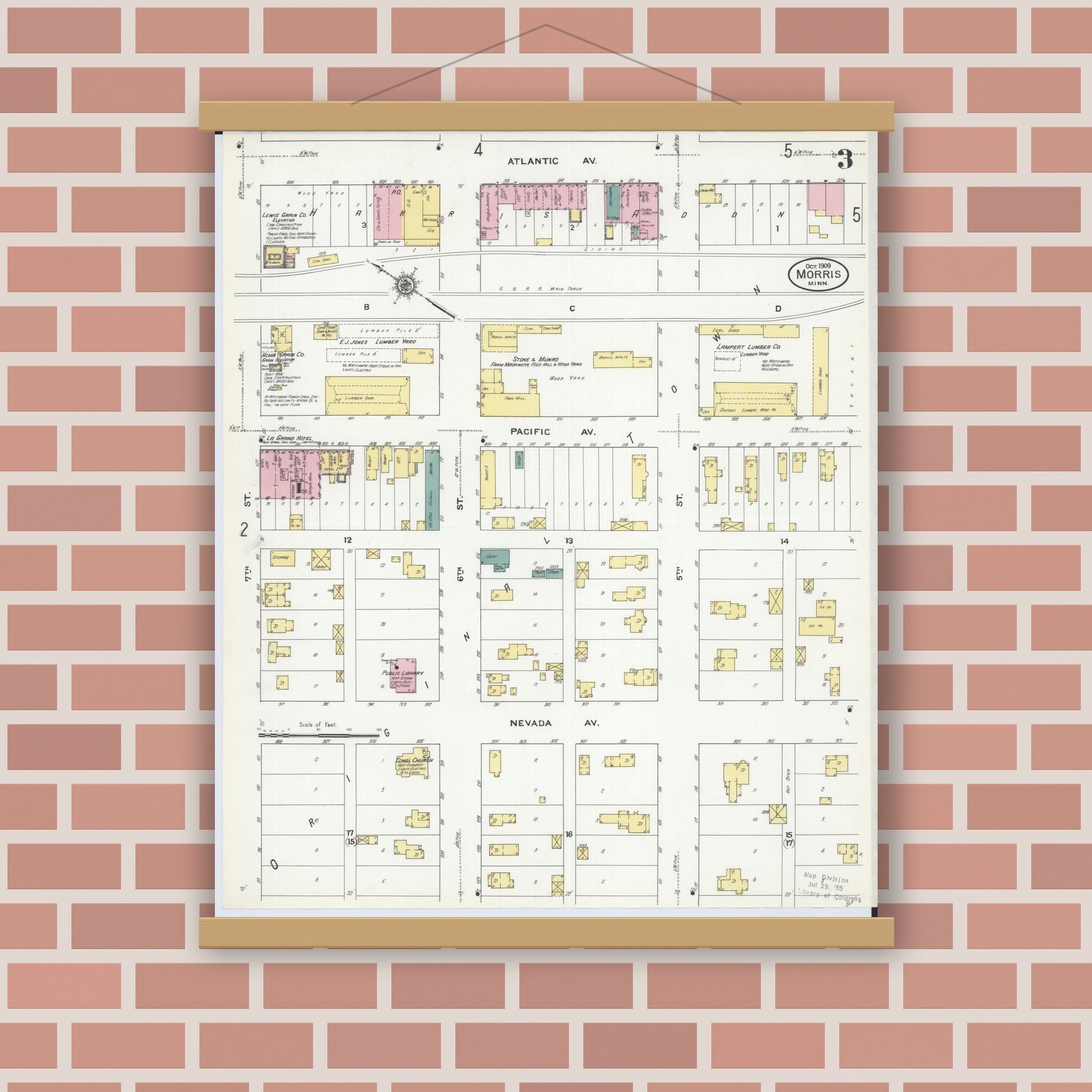 Old map wall art mockup — magnetic wood frame on brick wall — Sanborn Fire Insurance Map from Morris, Stevens County, Minnesota (1909), Sheet #0003