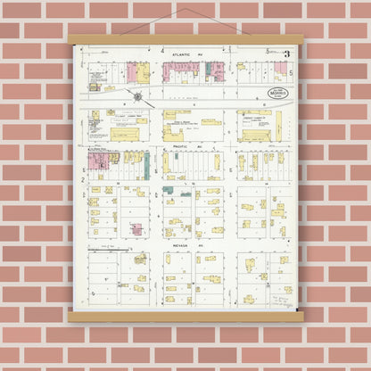 Old map wall art mockup — magnetic wood frame on brick wall — Sanborn Fire Insurance Map from Morris, Stevens County, Minnesota (1909), Sheet #0003