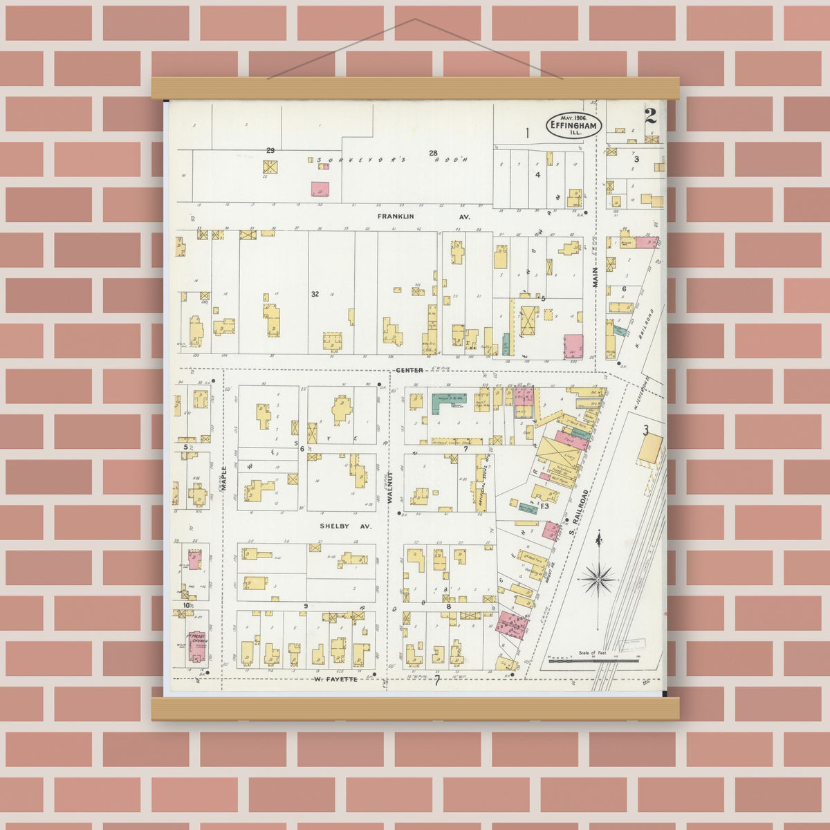 Old map wall art mockup — magnetic wood frame on brick wall — Sanborn Fire Insurance Map from Effingham, Effingham County, Illinois (1906), Sheet #0002