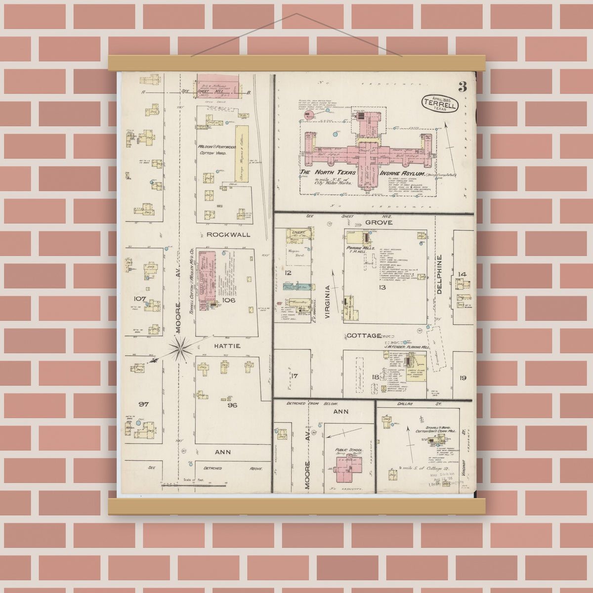 Old map wall art mockup — magnetic wood frame on brick wall — Sanborn Fire Insurance Map from Terrell, Kaufman County, Texas (1885), Sheet #0003
