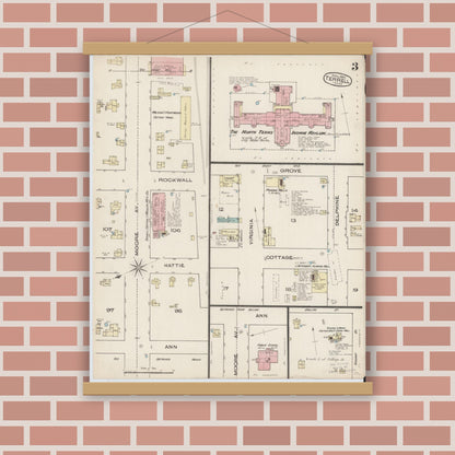 Old map wall art mockup — magnetic wood frame on brick wall — Sanborn Fire Insurance Map from Terrell, Kaufman County, Texas (1885), Sheet #0003