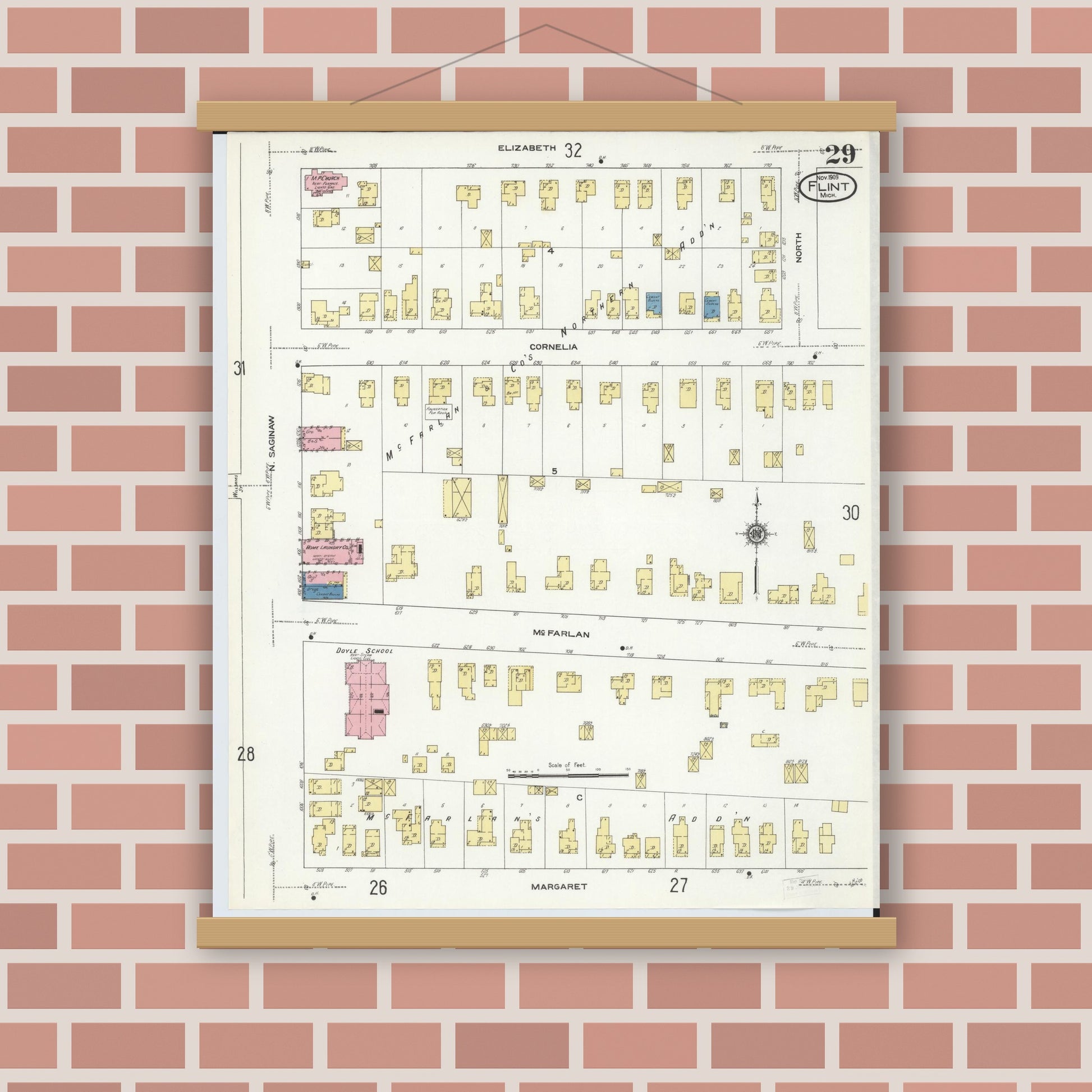 Old map wall art mockup — magnetic wood frame on brick wall — Sanborn Fire Insurance Map from Flint, Genesee County, Michigan (1909), Sheet #0029