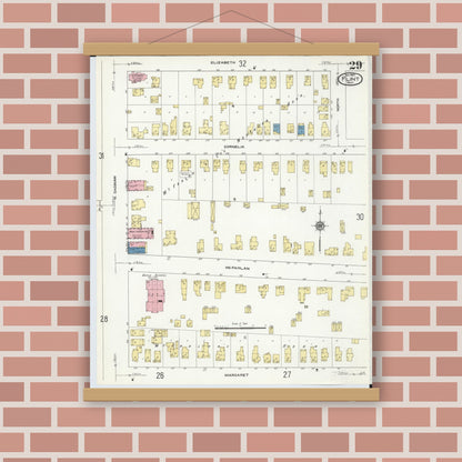 Old map wall art mockup — magnetic wood frame on brick wall — Sanborn Fire Insurance Map from Flint, Genesee County, Michigan (1909), Sheet #0029