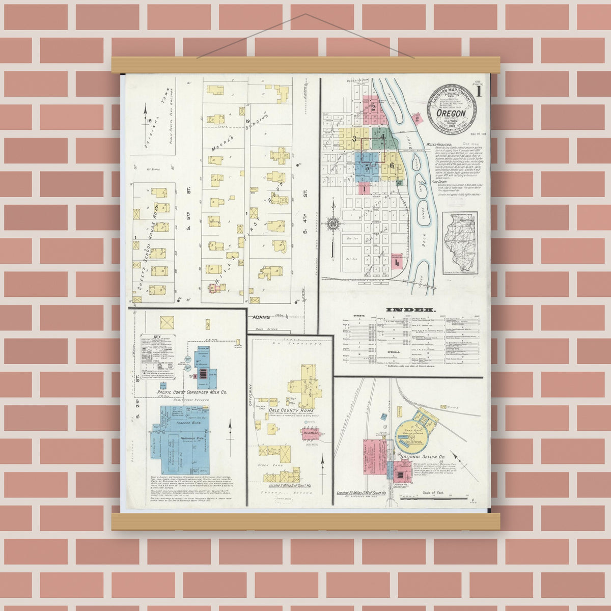 Old map wall art mockup — magnetic wood frame on brick wall — Sanborn Fire Insurance Map from Oregon, Ogle County, Illinois (1913), Sheet #0001