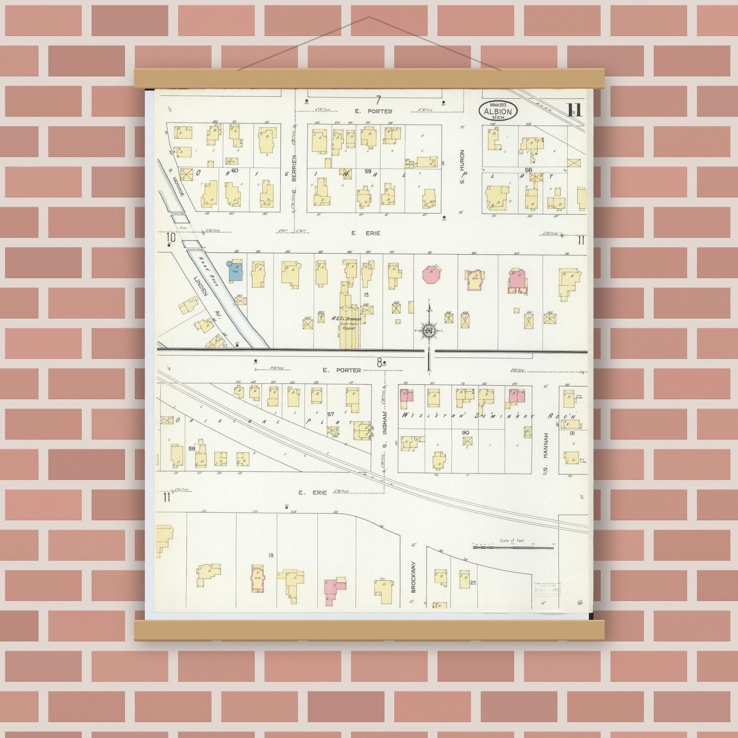 Old map wall art mockup — magnetic wood frame on brick wall — Sanborn Fire Insurance Map from Albion, Calhoun County, Michigan (1913), Sheet #0011