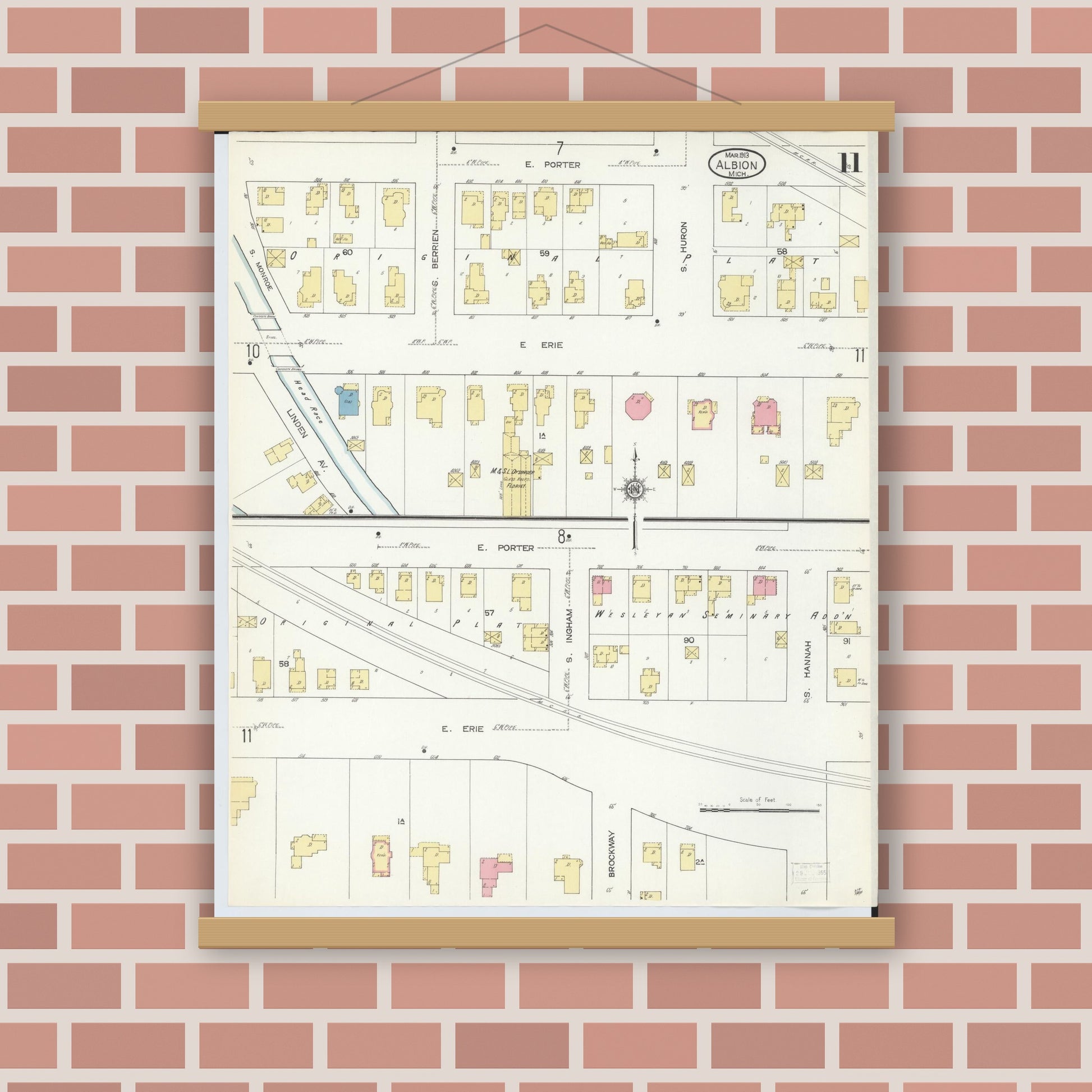 Old map wall art mockup — magnetic wood frame on brick wall — Sanborn Fire Insurance Map from Albion, Calhoun County, Michigan (1913), Sheet #0011