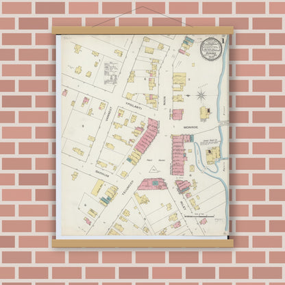 Old map wall art mockup — magnetic wood frame on brick wall — Sanborn Fire Insurance Map from Dundee, Monroe County, Michigan (1893), Sheet #0001