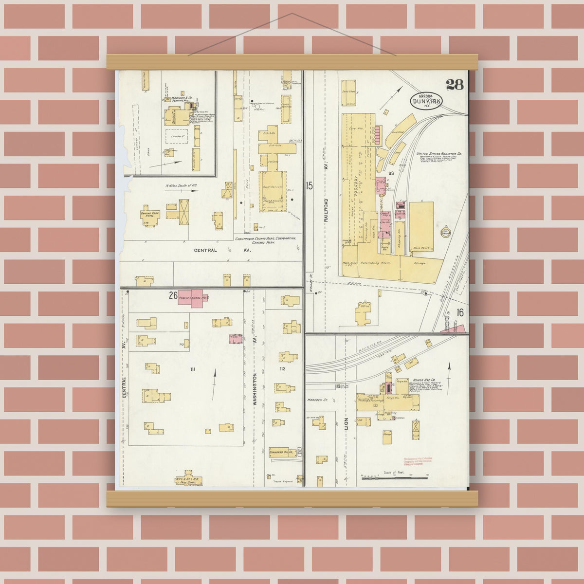 Old map wall art mockup — magnetic wood frame on brick wall — Sanborn Fire Insurance Map from Dunkirk, Chautauqua County, New York (1904), Sheet #0028