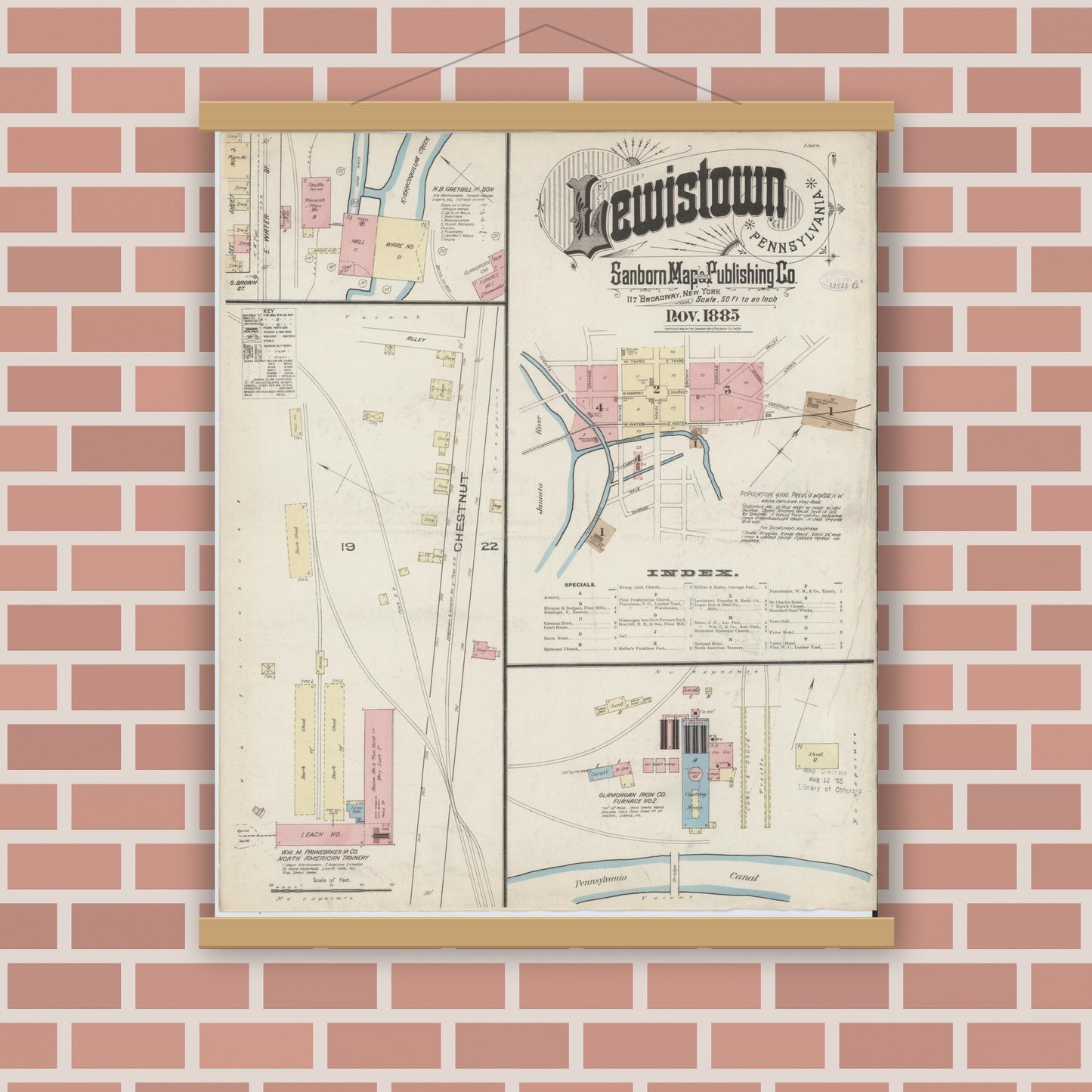 Old map wall art mockup — magnetic wood frame on brick wall — Sanborn Fire Insurance Map from Lewistown, Mifflin County, Pennsylvania (1885), Sheet #0001