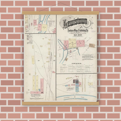 Old map wall art mockup — magnetic wood frame on brick wall — Sanborn Fire Insurance Map from Lewistown, Mifflin County, Pennsylvania (1885), Sheet #0001