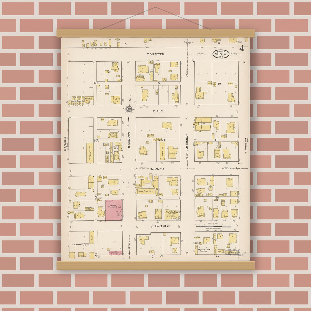 Old map wall art mockup — magnetic wood frame on brick wall — Sanborn Fire Insurance Map from Mexia, Limestone County, Texas (1922), Sheet #0004
