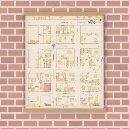 Old map wall art mockup — magnetic wood frame on brick wall — Sanborn Fire Insurance Map from Mexia, Limestone County, Texas (1922), Sheet #0004