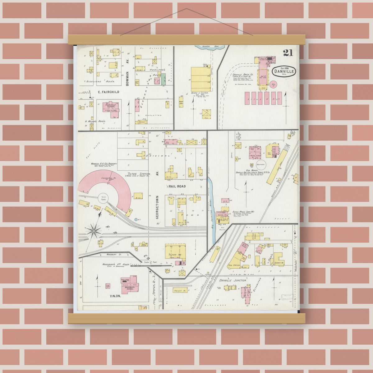 Old map wall art mockup — magnetic wood frame on brick wall — Sanborn Fire Insurance Map from Danville, Vermilion County, Illinois (1895), Sheet #0021