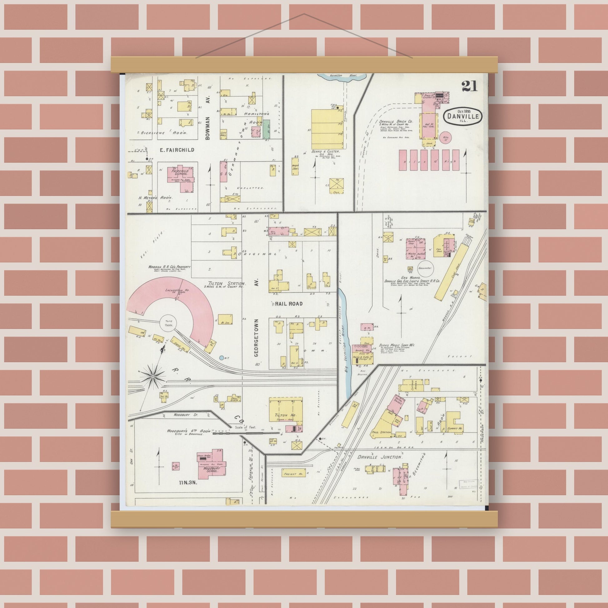 Old map wall art mockup — magnetic wood frame on brick wall — Sanborn Fire Insurance Map from Danville, Vermilion County, Illinois (1895), Sheet #0021