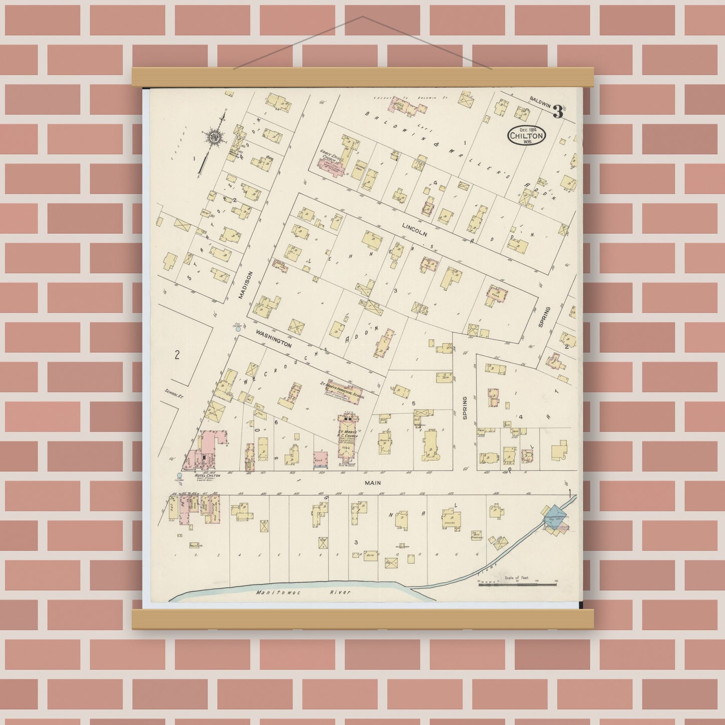 Old map wall art mockup — magnetic wood frame on brick wall — Sanborn Fire Insurance Map from Chilton, Calumet County, Wisconsin (1914), Sheet #0003