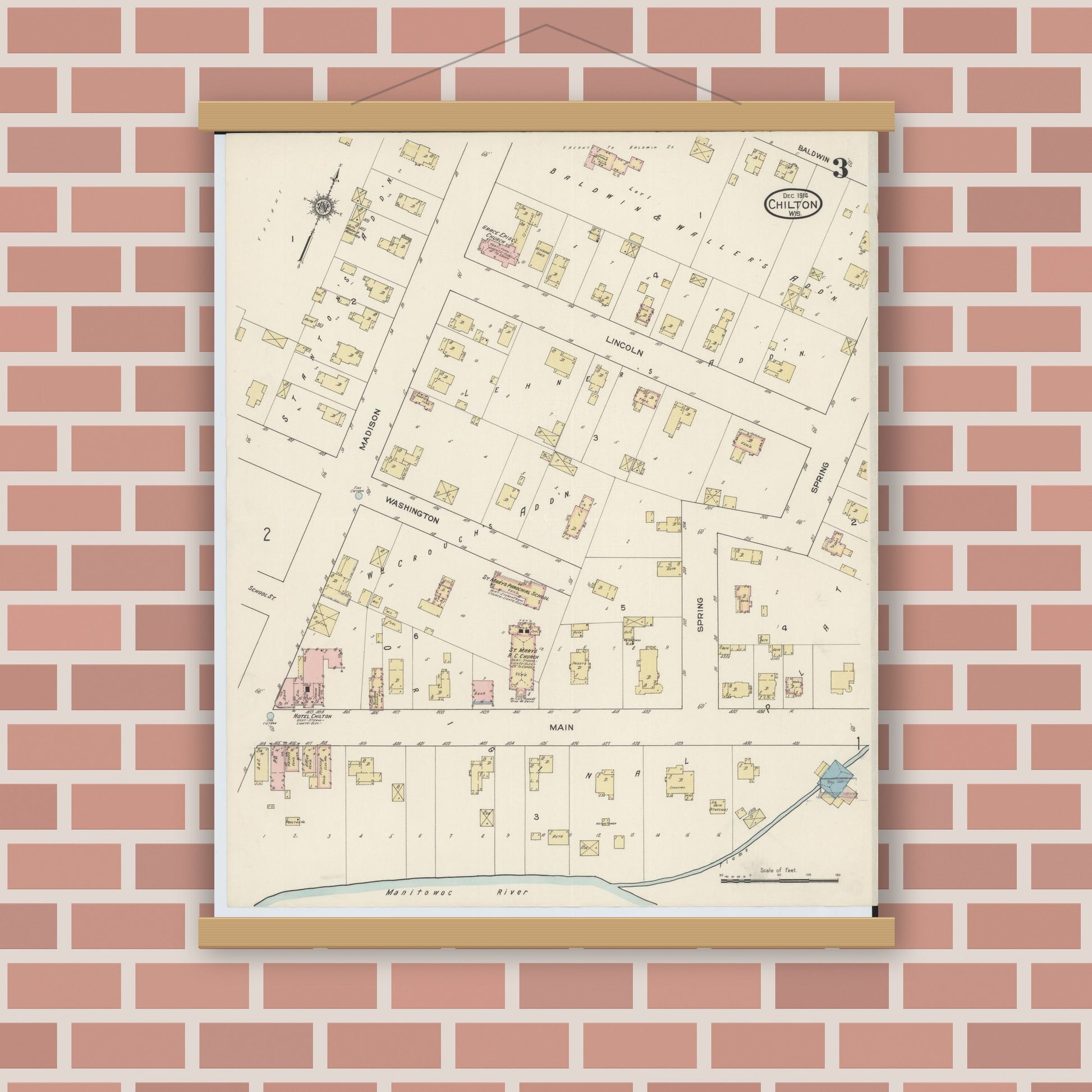 Old map wall art mockup — magnetic wood frame on brick wall — Sanborn Fire Insurance Map from Chilton, Calumet County, Wisconsin (1914), Sheet #0003