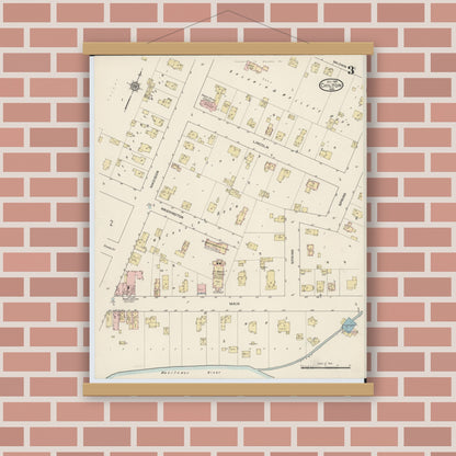 Old map wall art mockup — magnetic wood frame on brick wall — Sanborn Fire Insurance Map from Chilton, Calumet County, Wisconsin (1914), Sheet #0003