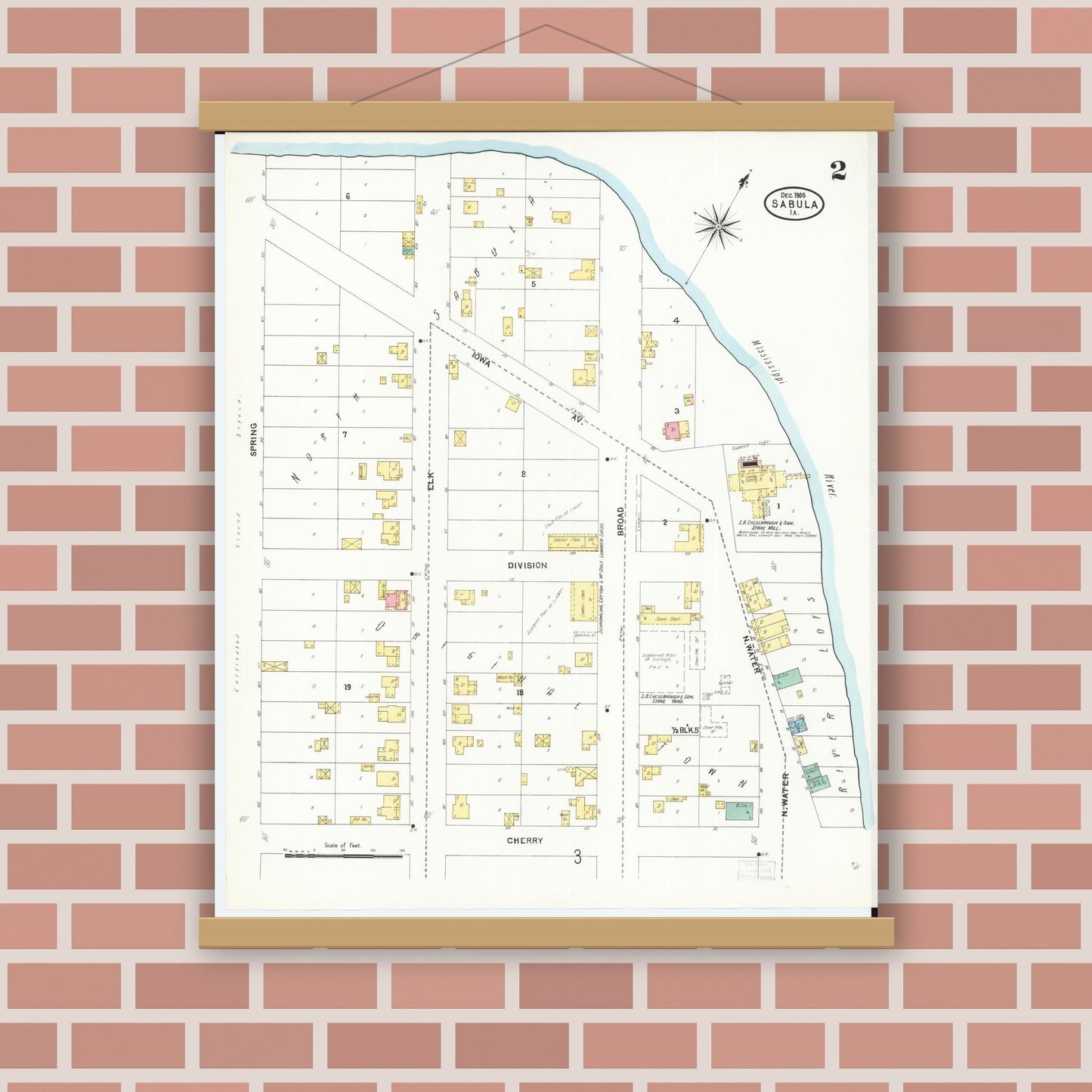 Old map wall art mockup — magnetic wood frame on brick wall — Sanborn Fire Insurance Map from Sabula, Jackson County, Iowa (1905), Sheet #0002